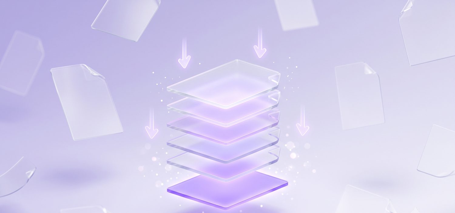 Illustration of layered PDF form fields being flattened into a single page